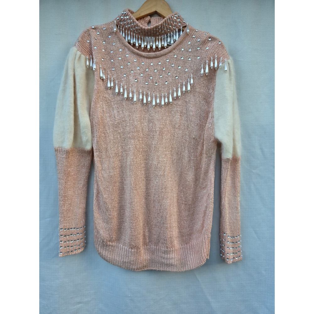 Larisa Vintage Sweater Womens XL Pink Silk Angora Pearl Fringe Rhinestone 80s